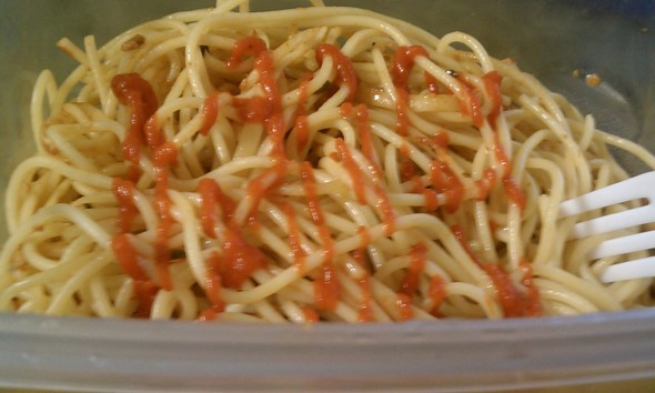 Leftover Bertoli with extra spaghetti and Sriracha